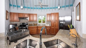 A modern kitchen with granite countertops, stainless steel appliances, wooden cabinets, and a large window offering a view of greenery. - Exquisite Retreat: Contemporary Estate On Pink Sand Beach (Double Bay)
