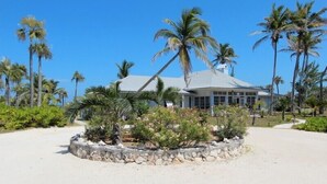 Una propiedad frente a la playa con una casa grande, palmeras y una playa de arena.