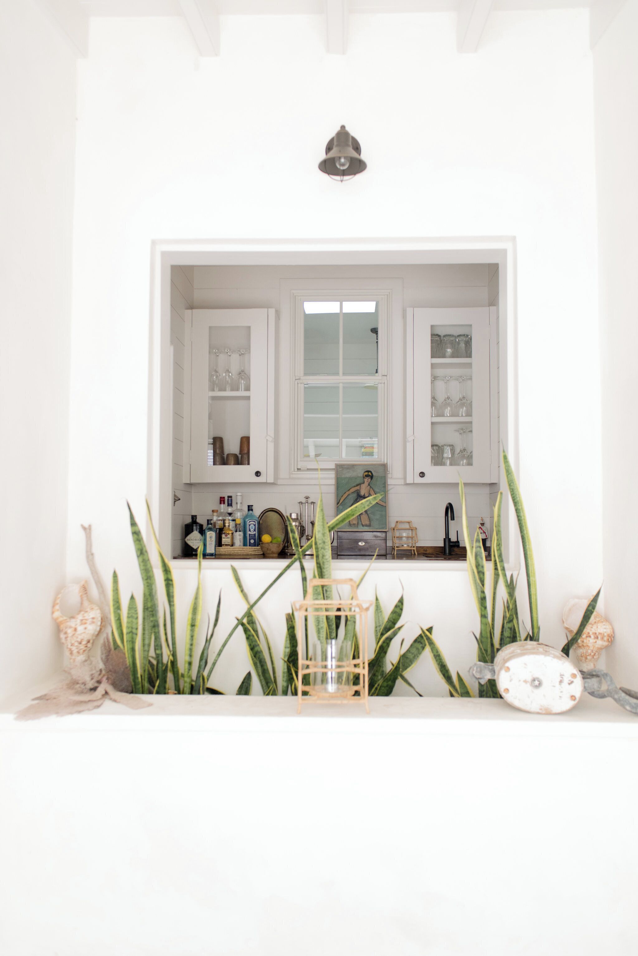 A white kitchen with cabinets, a window, and plants.