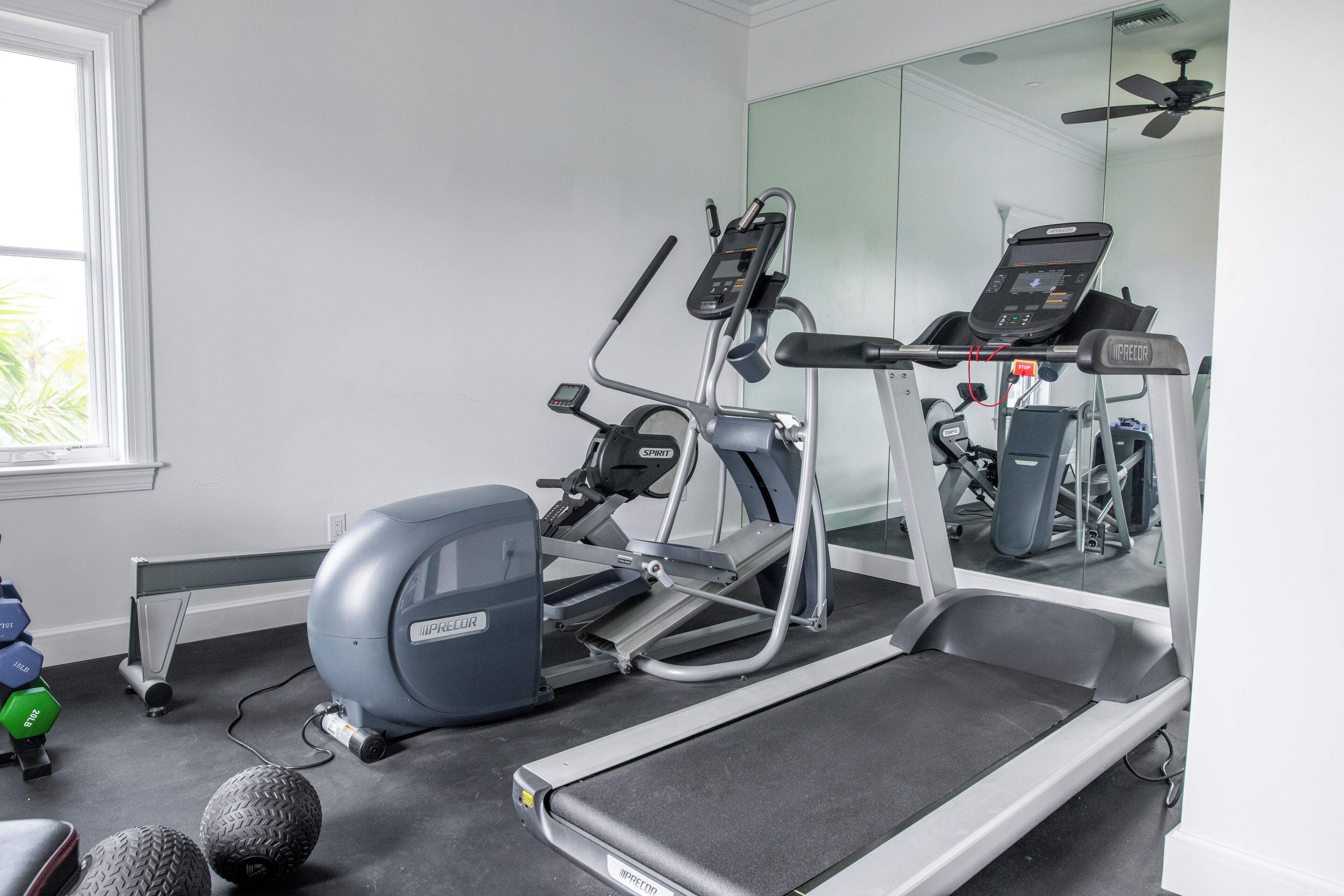 A gym with a treadmill, elliptical, and weights.