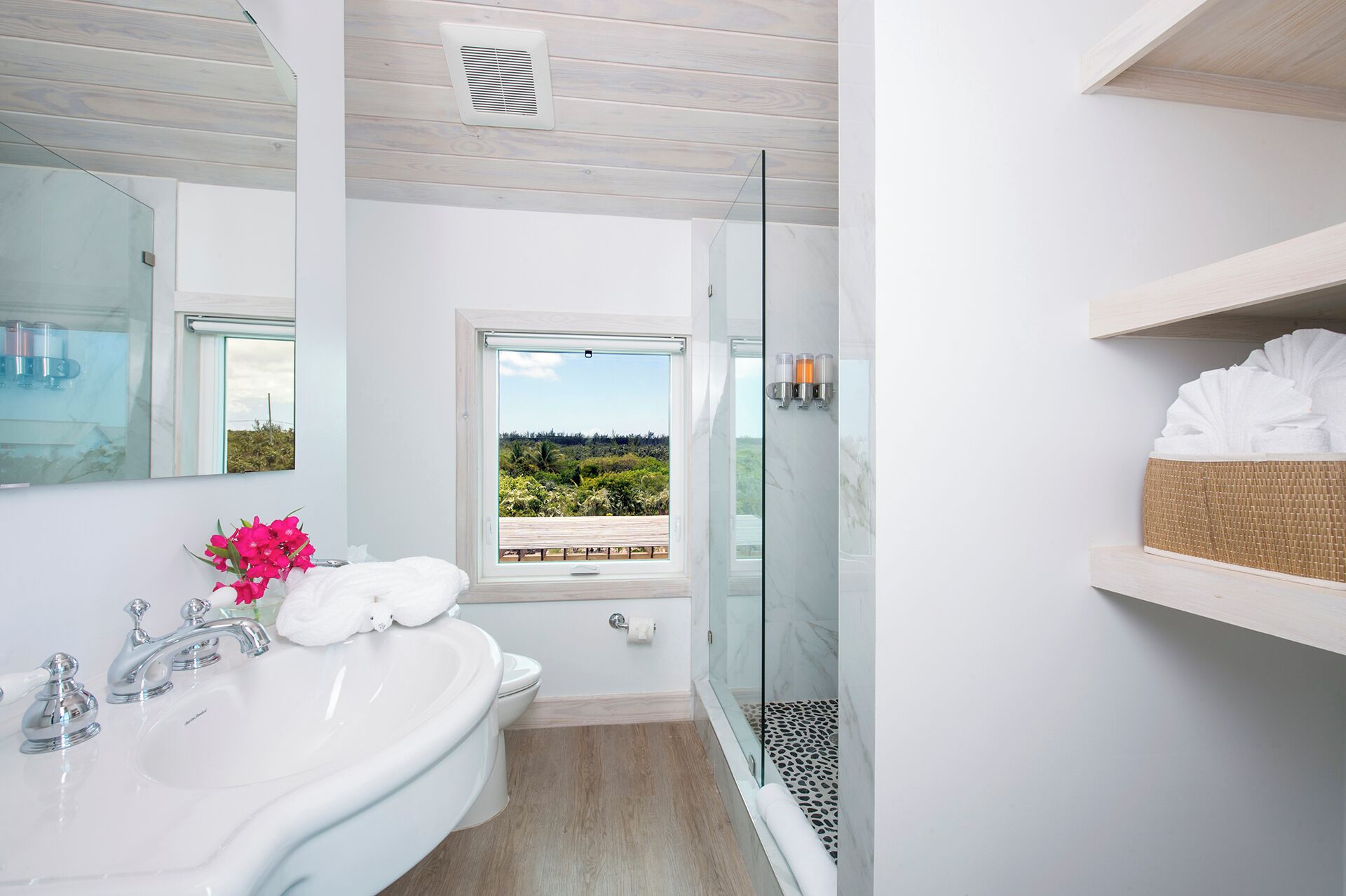 Une salle de bain avec une grande fenêtre, une douche, un lavabo et un miroir.
