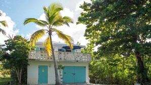 A two-story building with a balcony, a palm tree, and a lush green garden. - Oceanfront Oasis: Contemporary Villa With Pool (North Palmetto Point)