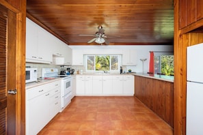 Villa | Private kitchen | Full-size fridge, microwave, oven, stovetop