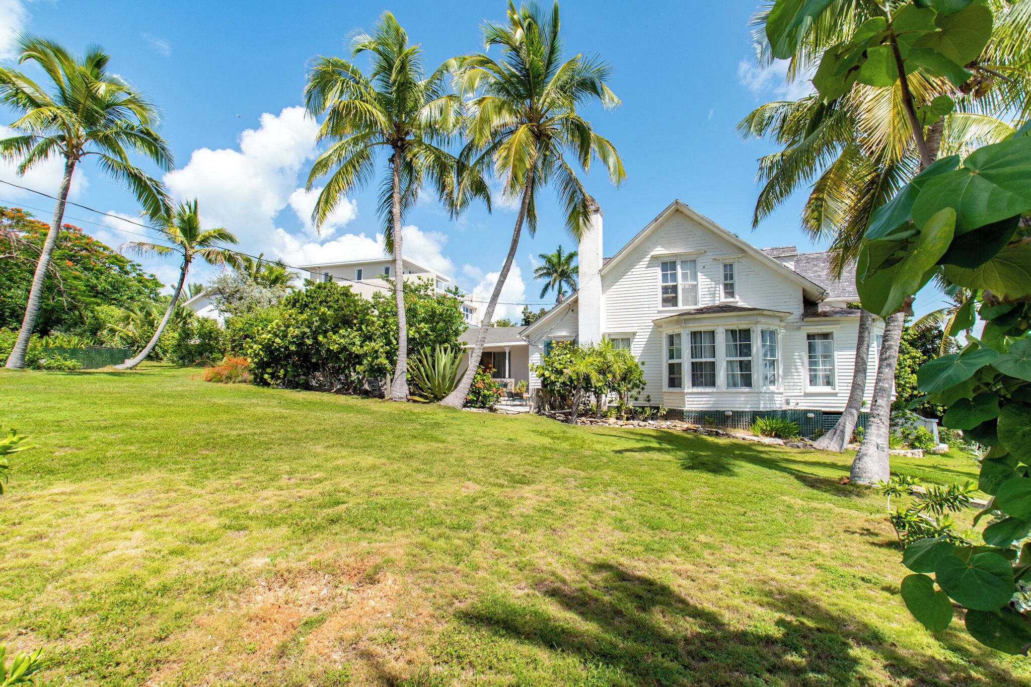 A white two-story house with a large front lawn, palm trees, and a clear blue sky.