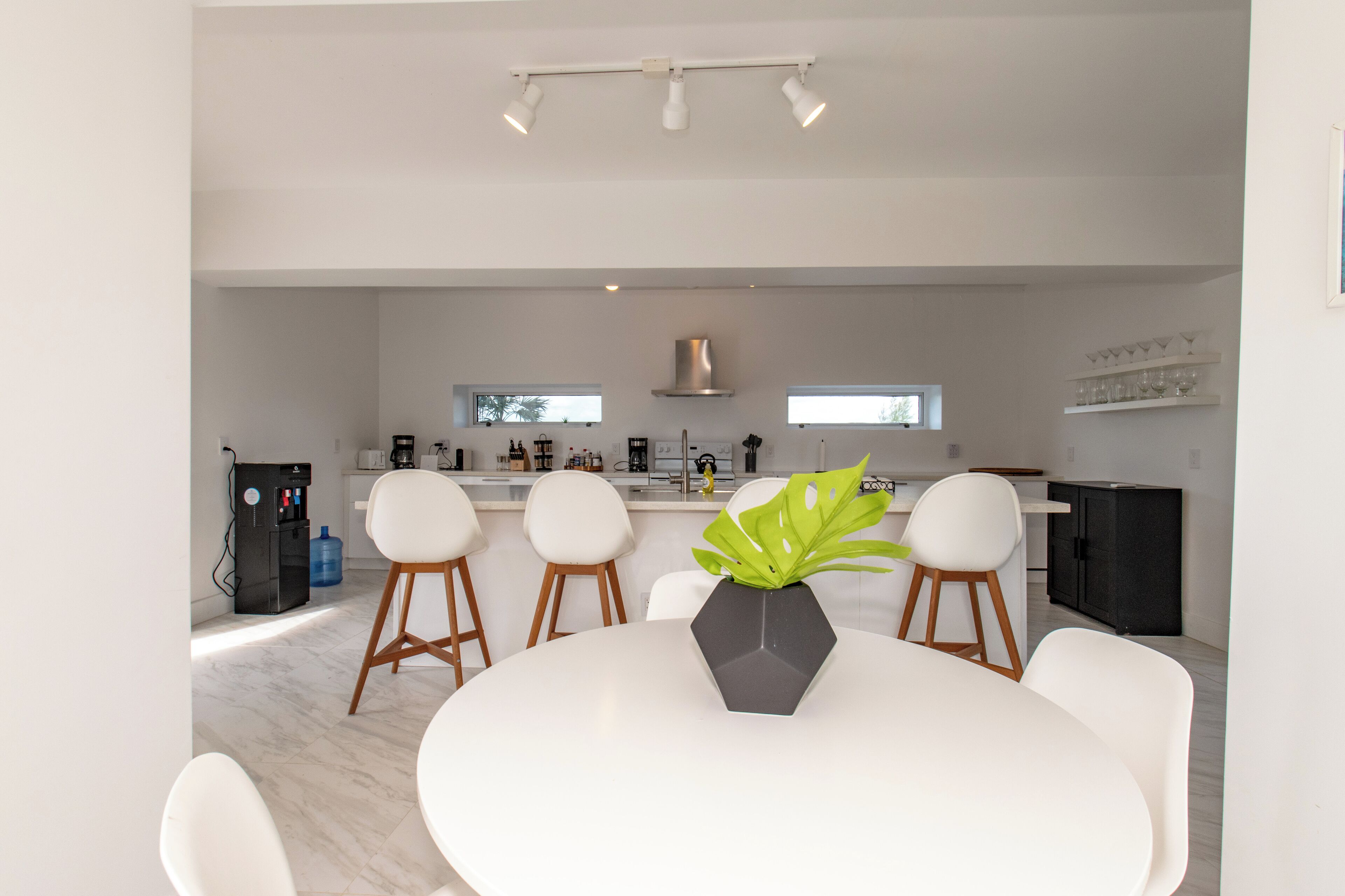 A modern dining area with a round table, white chairs, and a central potted plant.