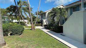A residential area with a white building, a paved walkway, and palm trees. - Coastal Chic: Stylish Condo On Windermere Beach (Governor's Harbour)