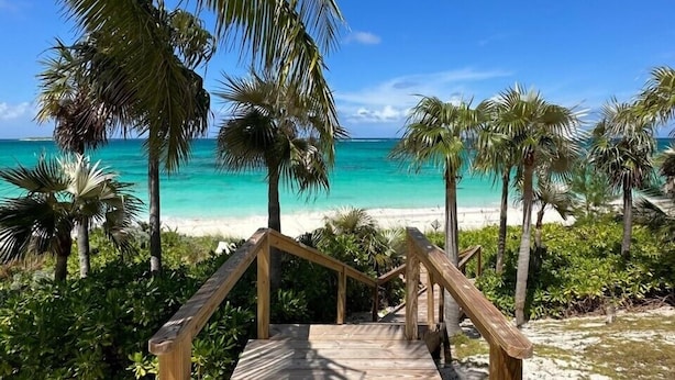 Un escalier en bois mène à une plage bordée d’une eau turquoise et de palmiers.