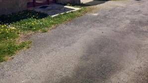 Um edifício de pedra com uma porta vermelha e janelas em arco, uma árvore alta na frente e um céu limpo.