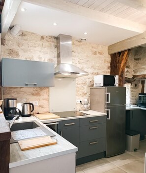 A modern kitchen with a stone wall, stainless steel appliances, and a wooden ceiling. - Gîtes de France® - La Grangette de Laval (LALBENQUE)