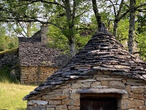 A stone cottage with a thatched roof, surrounded by trees. - Gîtes de France® - Au Pech Rasquet (LARNAGOL)