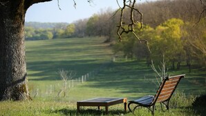 A bench and a table in a grassy field with a tree trunk in the foreground. - Gîtes de France® - Gîte les Gratabels (BASTIT (LE))