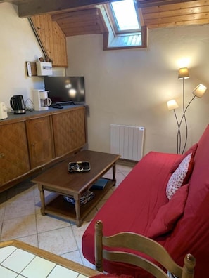 A cozy room with a red sofa, wooden furniture, a TV, a coffee maker, and a skylight.