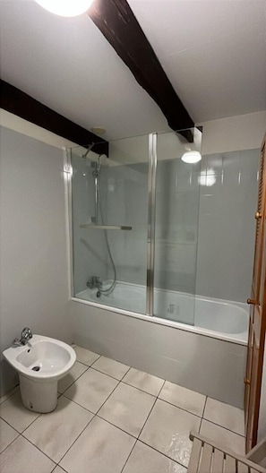 A bathroom with a glass-enclosed shower, a pedestal bidet, and a wooden door.