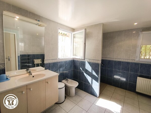 Une salle de bain moderne avec un grand miroir, un lavabo, un bidet et des toilettes.