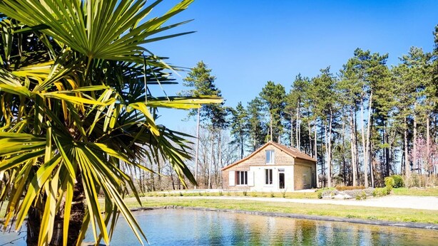 A wooden cabin with a small pond in front, surrounded by tall pine trees.