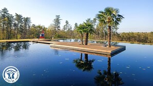 A serene infinity pool with a wooden deck, surrounded by palm trees and a helicopter in the background.