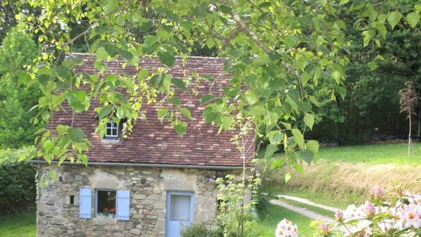 Ein Steinhaus mit blauer Tür und Fensterläden, umgeben von einem Garten mit verschiedenen Blumen und einem Weg zum Haus.