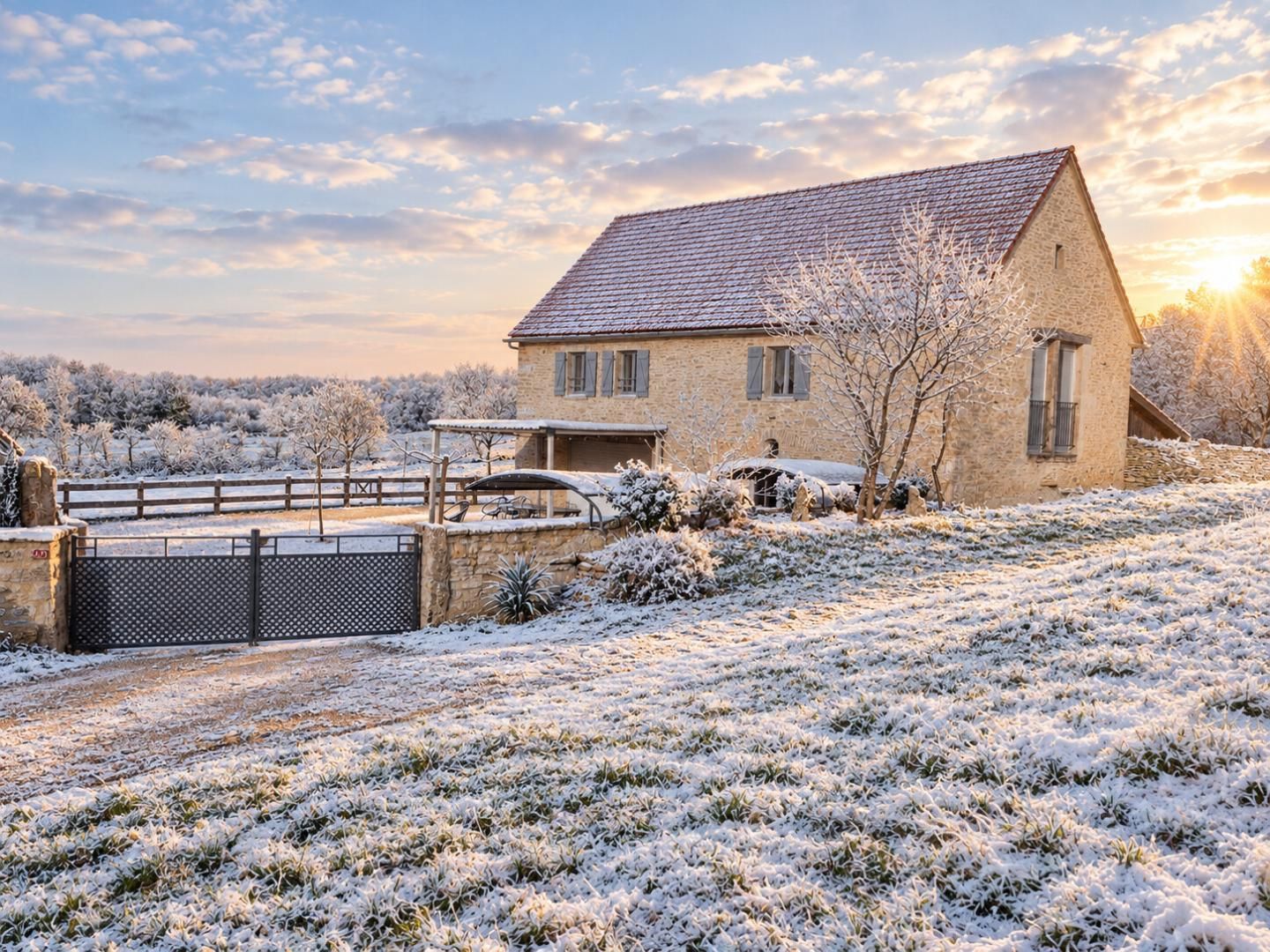 A stone house with a sloped roof, a gated driveway, and a snow-covered landscape.