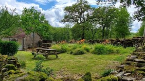 En rustik stenbyggnad med en träbänk i en frodig, grön trädgård.
