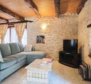 Un salon chaleureux avec un canapé bleu clair, une table basse, un téléviseur et un mur en pierre.