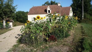 Uma casa com telhado inclinado, cercada por um jardim com girassóis, um caminho de cascalho e um pequeno galinheiro.