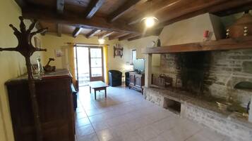 Una televisión, una chimenea