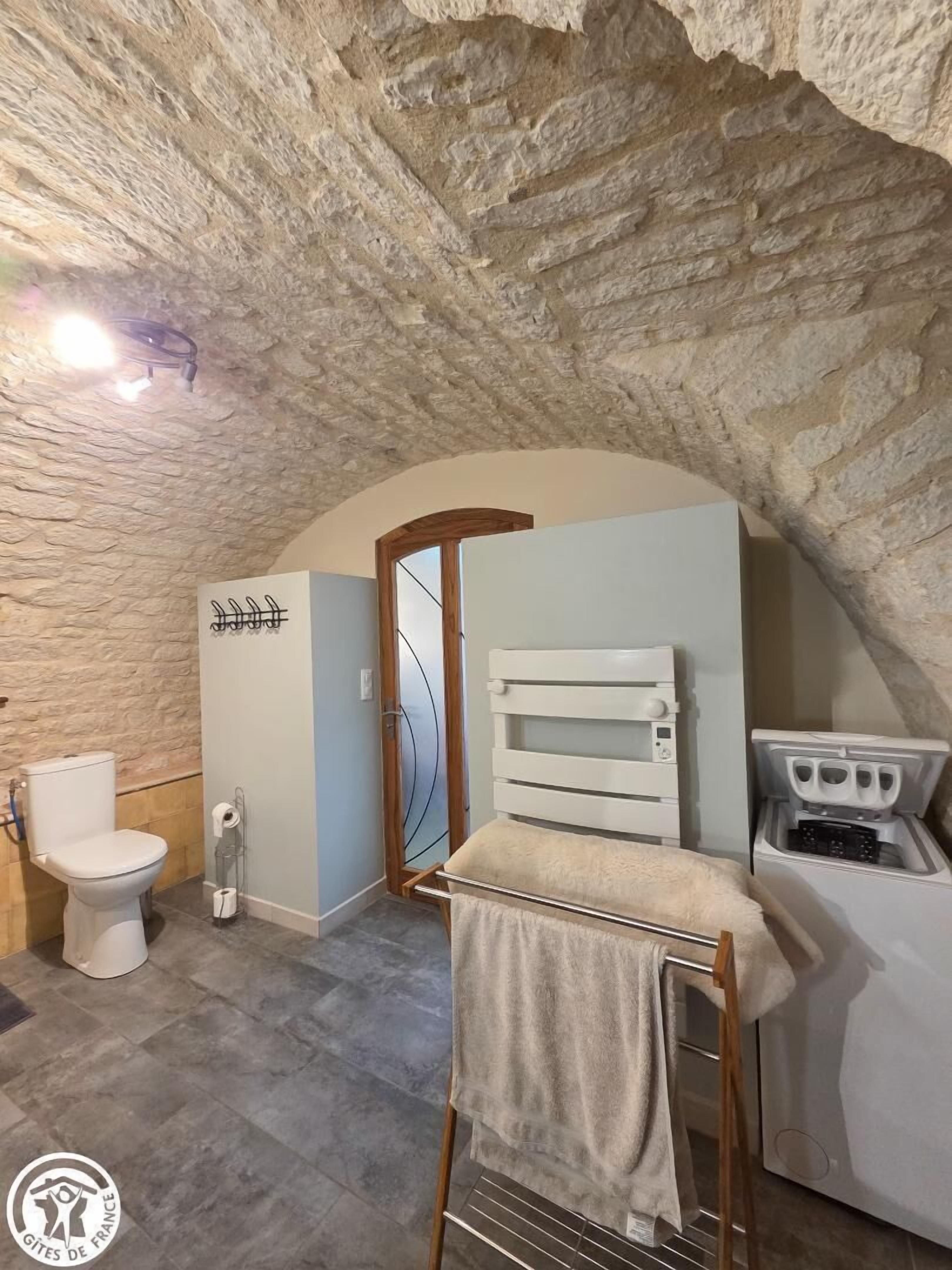 A bathroom with a stone ceiling, a white toilet, a towel rack, and a shower area.