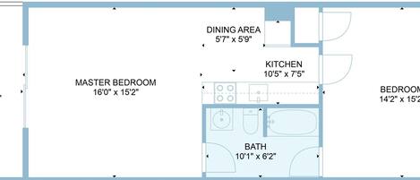 Un plan d’étage comprenant un balcon, une chambre principale, un coin repas, une cuisine et une salle de bain.