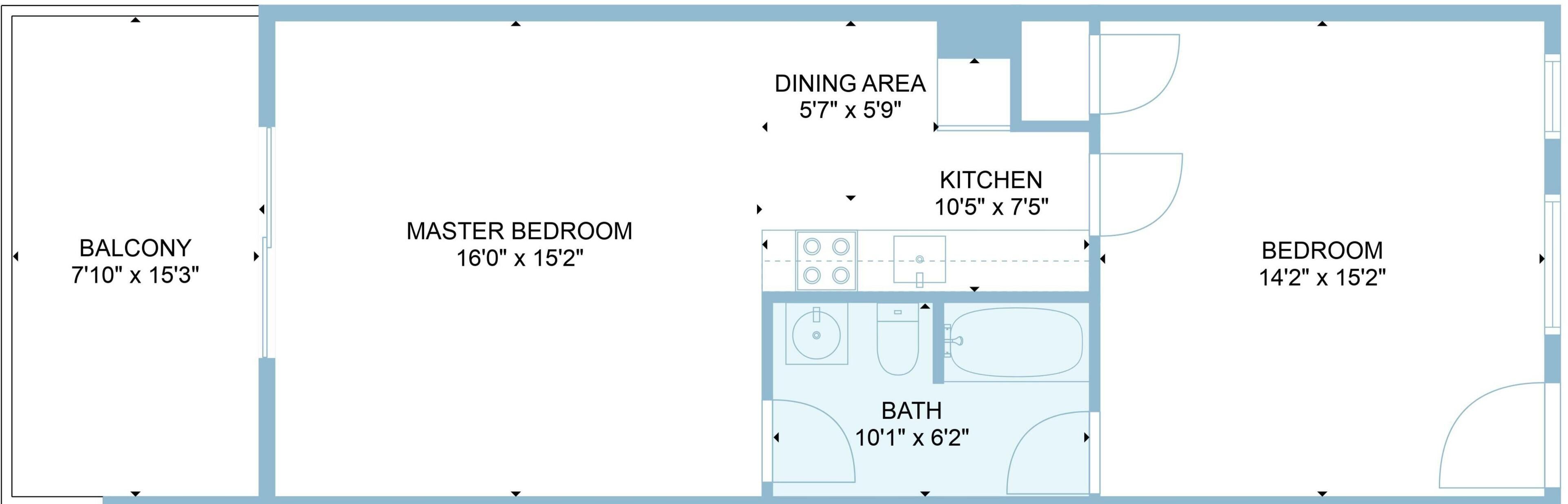 Un plan d’étage comprenant un balcon, une chambre principale, un coin repas, une cuisine et une salle de bain.