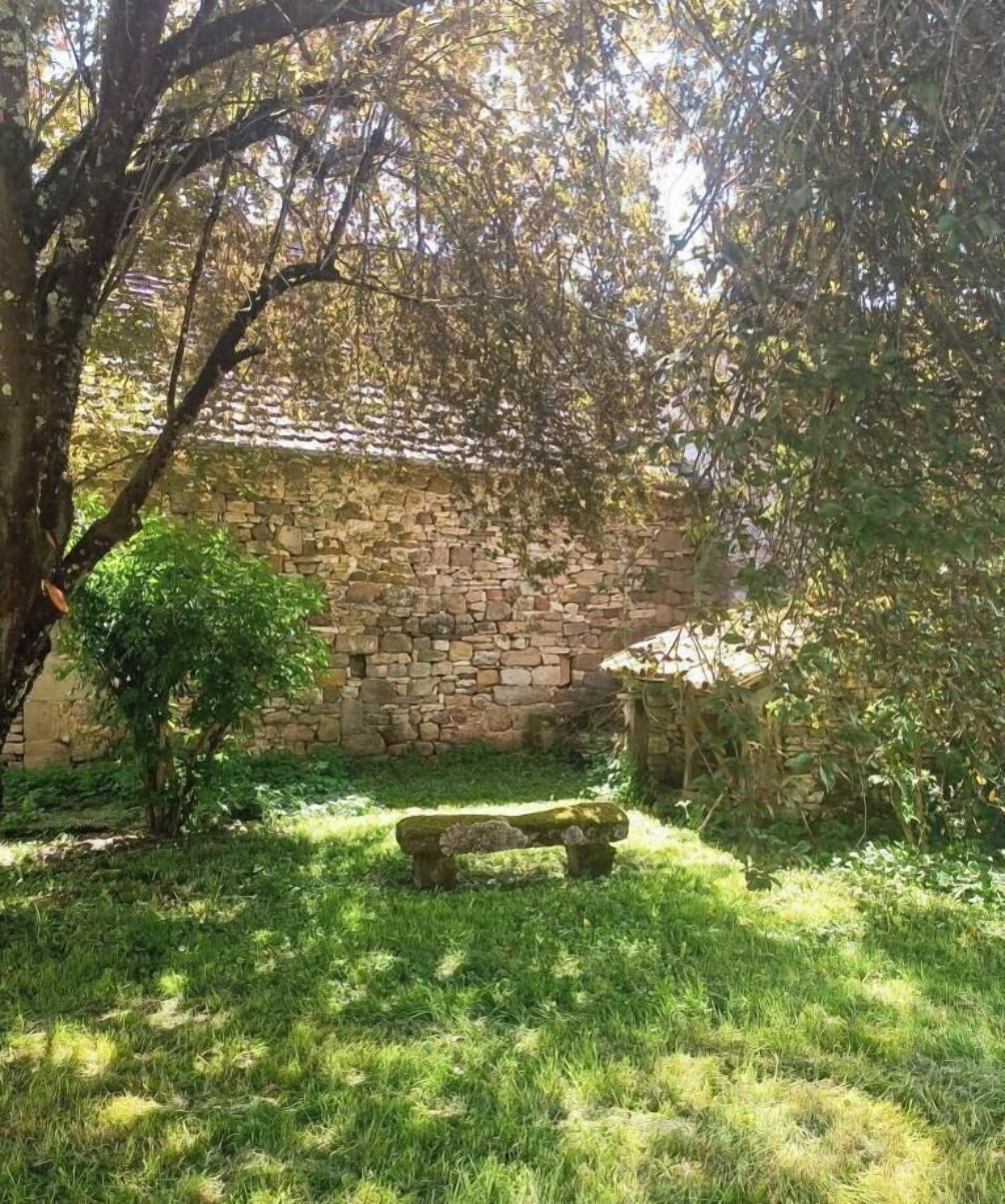 Un mur de pierre, un banc et un arbre, le tout dans un cadre de jardin.