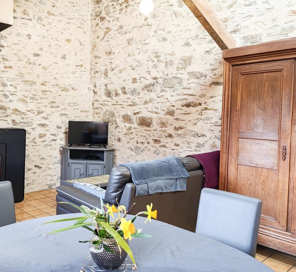A cozy room with a stone wall, a wooden wardrobe, a leather sofa, a dining table with a vase of flowers, and a television on a cabinet.