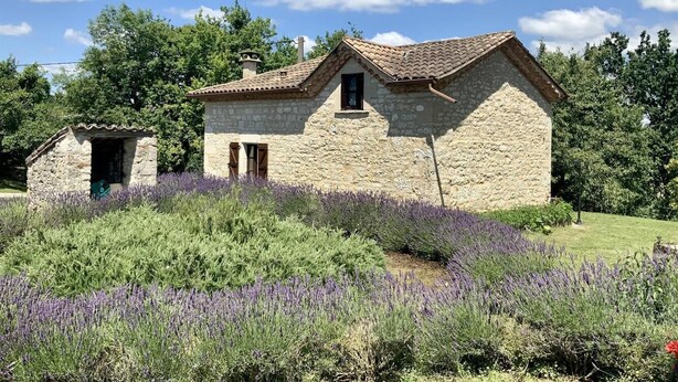 Un edificio in pietra con tetto in tegole, immerso in un giardino con piante di lavanda.