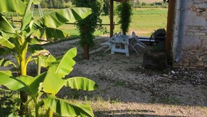 Un espace extérieur aménagé dans un style rustique, avec un bâtiment en pierre, entouré de verdure et bordé d’un chemin de gravier.