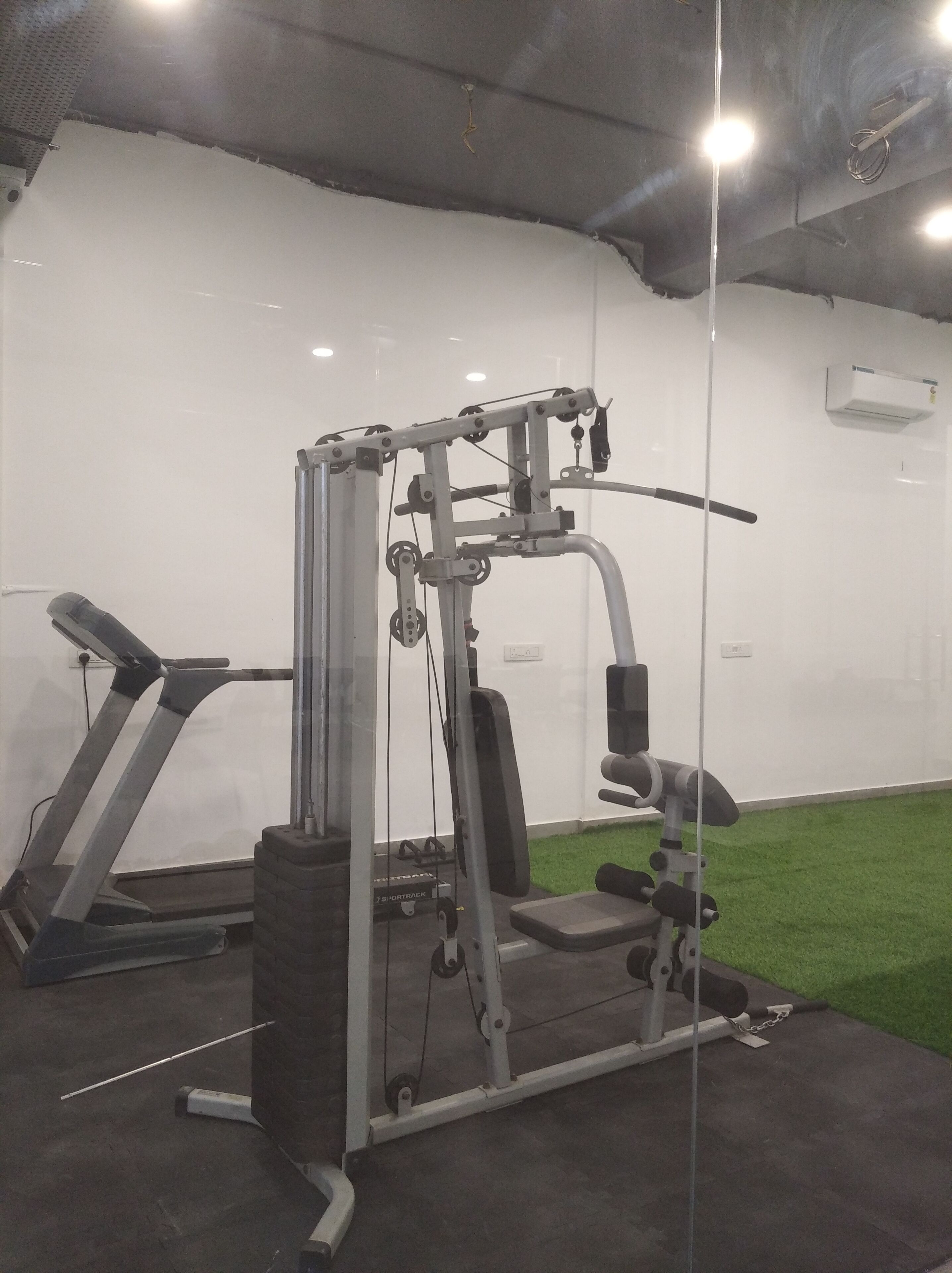 Une salle de sport équipée de tapis de course, d’appareils de musculation et d’un espace recouvert de gazon synthétique vert.