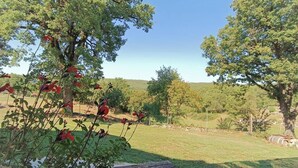 A wooden deck with a view of a grassy field and trees. - Gîtes de France® - La Quercynoise (BERGANTY)