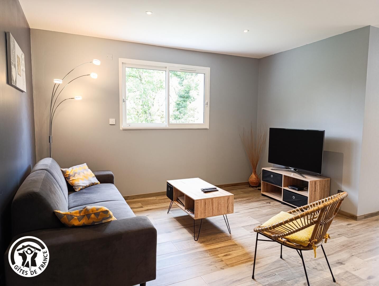 A modern living room with a grey sofa, a wooden coffee table, a wicker chair, a TV on a wooden stand, and a window with a view of greenery.
