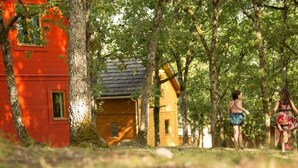 Un edificio rojo con una pequeña construcción de madera en una zona boscosa.