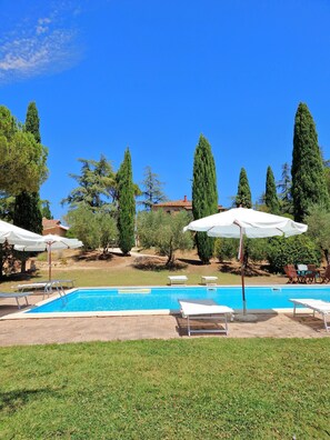 A swimming pool with lounge chairs and umbrellas, surrounded by trees and a clear sky.