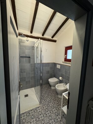Bathroom features a shower enclosure, toilet, and sink with a small window above.