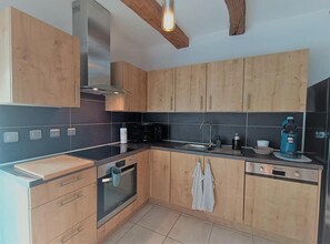 Fridge, microwave, dishwasher