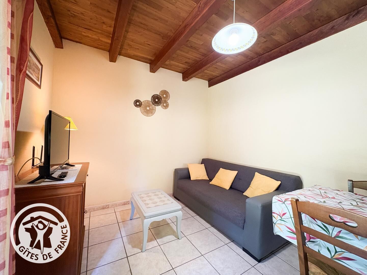 Une pièce avec un plafond en bois, un canapé gris agrémenté de coussins jaunes, une petite table blanche, un téléviseur posé sur un meuble en bois et un logo sur le mur.
