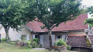 Ein Haus mit rotem Ziegeldach, einem Baum im Vordergrund und einem Garten mit Topfpflanzen.