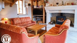 Un salon chaleureux avec une cheminée, des meubles en bois et une bibliothèque.