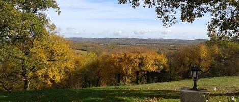 A pathway leading through a park with autumn foliage and a distant view of hills.