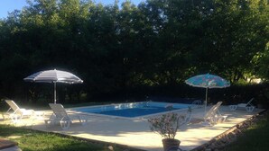 A backyard with a swimming pool, lounge chairs, and umbrellas.