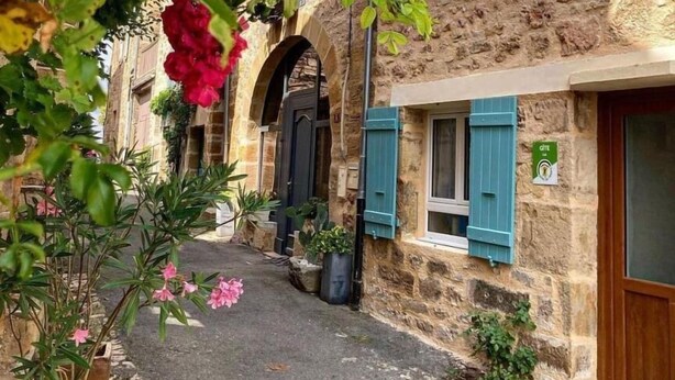 Uma rua estreita com edifícios de pedra, persianas azuis e vasos de plantas.