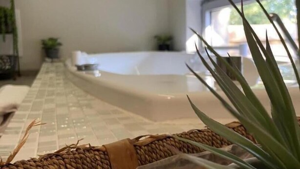A room with a long, narrow bed, a woven basket with pebbles, and a potted plant. - Gîtes de France® - Le Loft Gramat (GRAMAT)