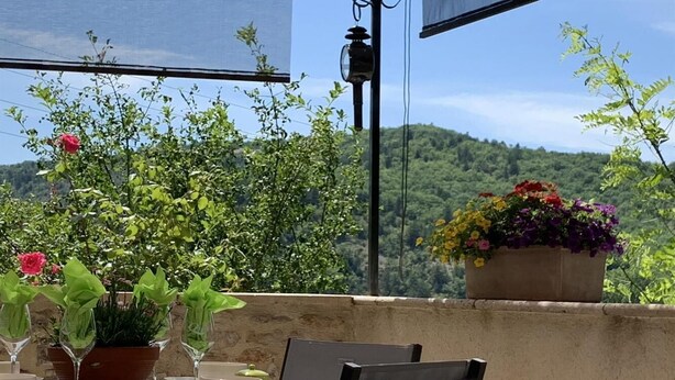 Zona pranzo all'aperto con un tavolo apparecchiato per due, circondata da piante in vaso e vista su un pendio boscoso.