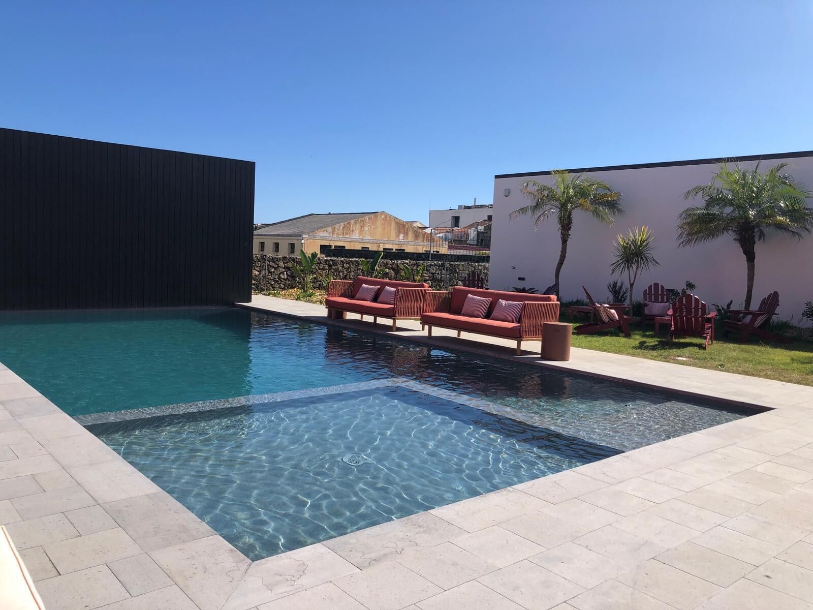 Outdoor pool, pool umbrellas, pool loungers