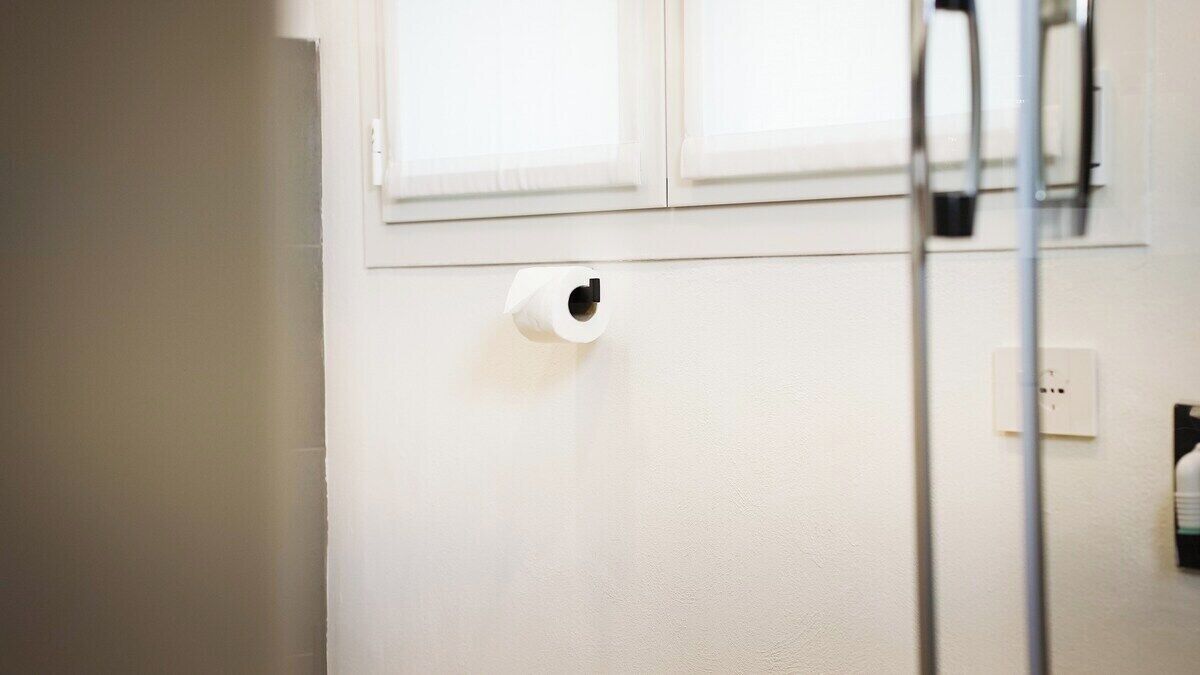 Ein Badezimmer mit an der Wand montiertem Toilettenpapierhalter, einem Fenster über der Toilette und einer sichtbaren Steckdose.
